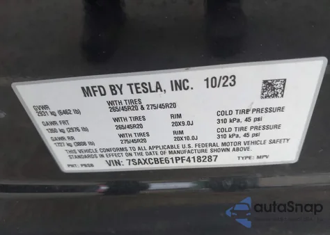 2023 Tesla Model X Plaid Tri Motor All-Wheel Drive z USA, uszkodzony, nr VIN 7SAXCBE61PF418287